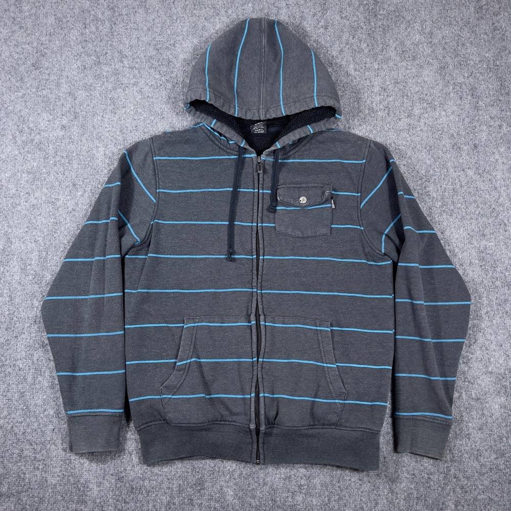 Y2K Zoo York Full Zip Hoodie Mens Medium Gray Blue Striped Sherpa Lined Skater